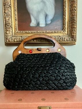 Vintage Black Woven Straw Clutch with Wooden Handle and Bead Accents